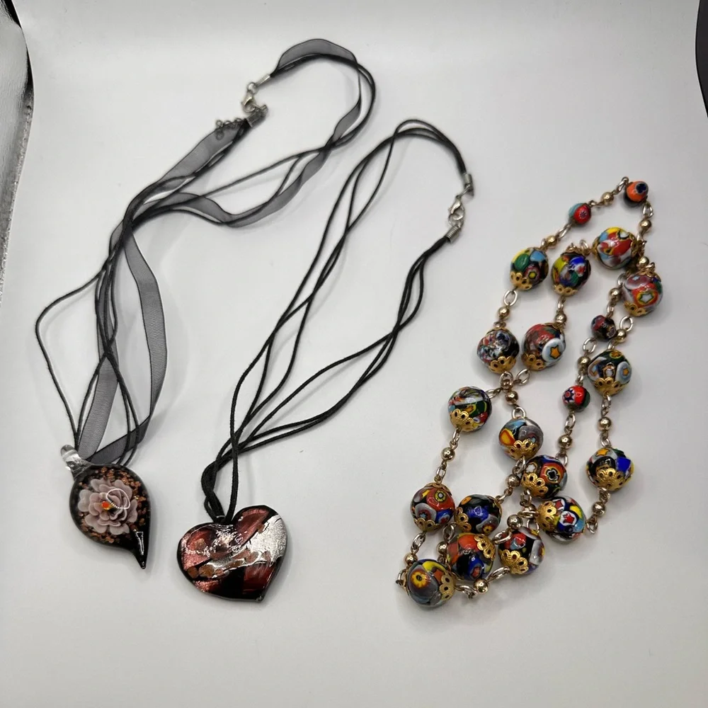 Festival Art Glass Bead Necklace Lot 7pc Boho Summer Colorful Statement Bundle - Picture 3 of 8